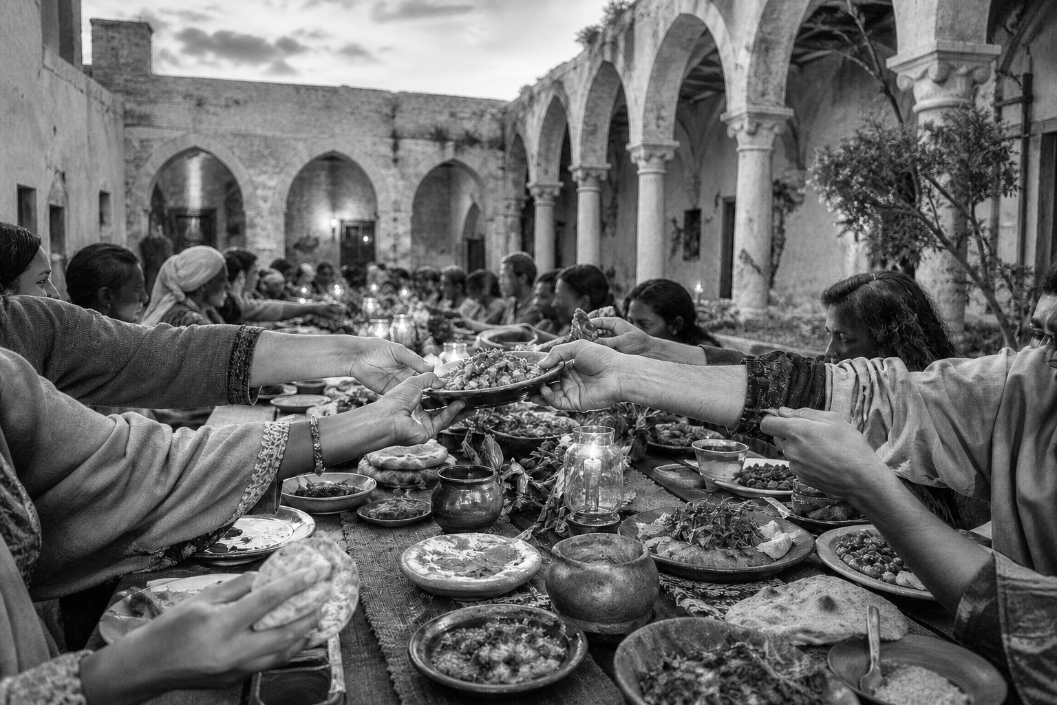 People sharing dishes along a communal table in a stone courtyard.